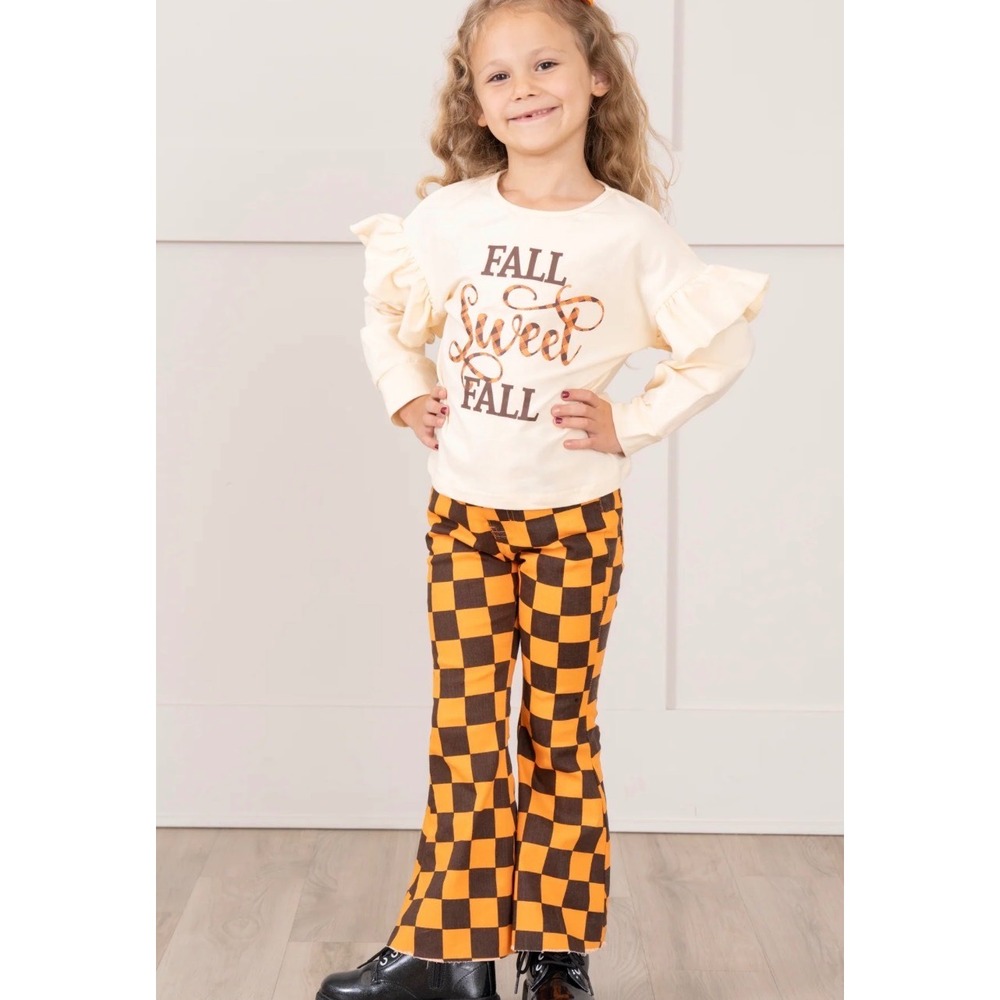 Marie Nicole Sweet Fall Checkers Flare Pants Outfit Girls Size 2 Cream Orange